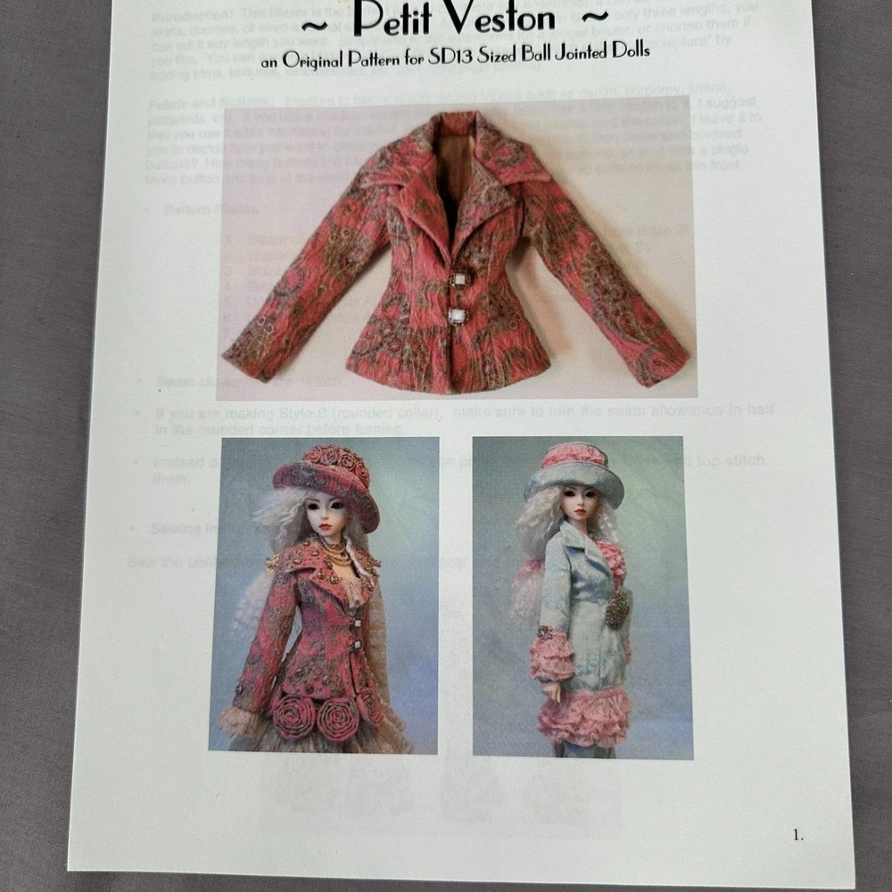 SD13 BJD Doll Sewing Pattern Petit Veston Blazer Jacket 23-24" Ball Jointed